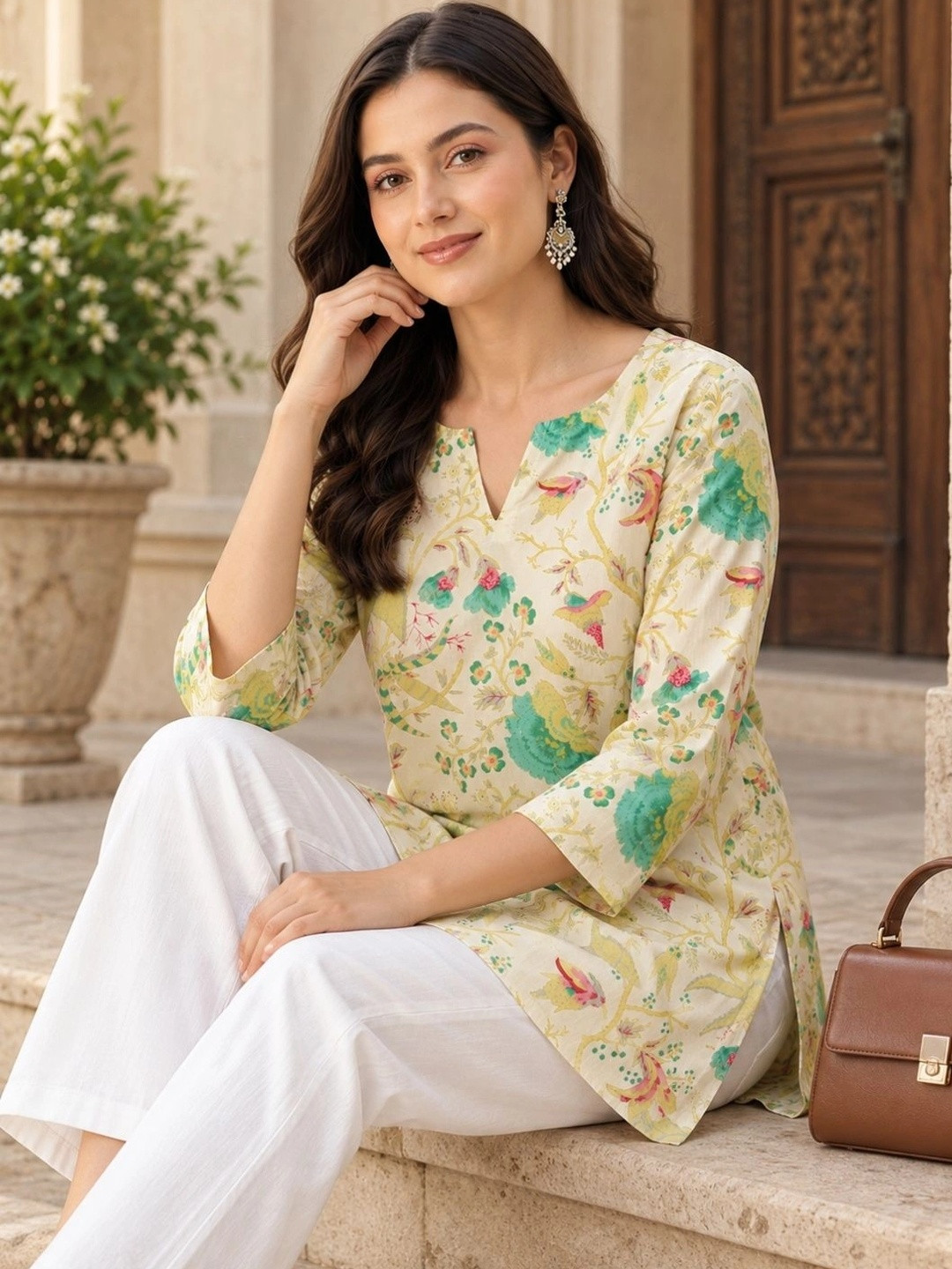 FERANOID Women Floral Printed V-Neck PurecCotton Kurti
