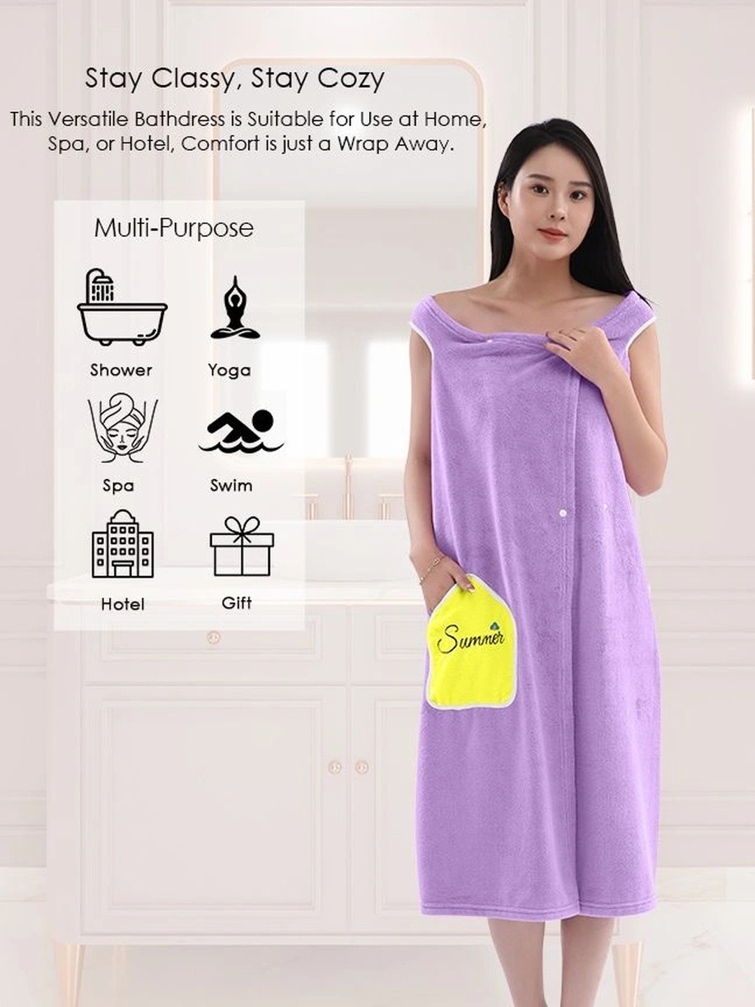 HOUSSE Star_BT Purple Solid Microfibre Slip-On Midi Bath Wrap-XL