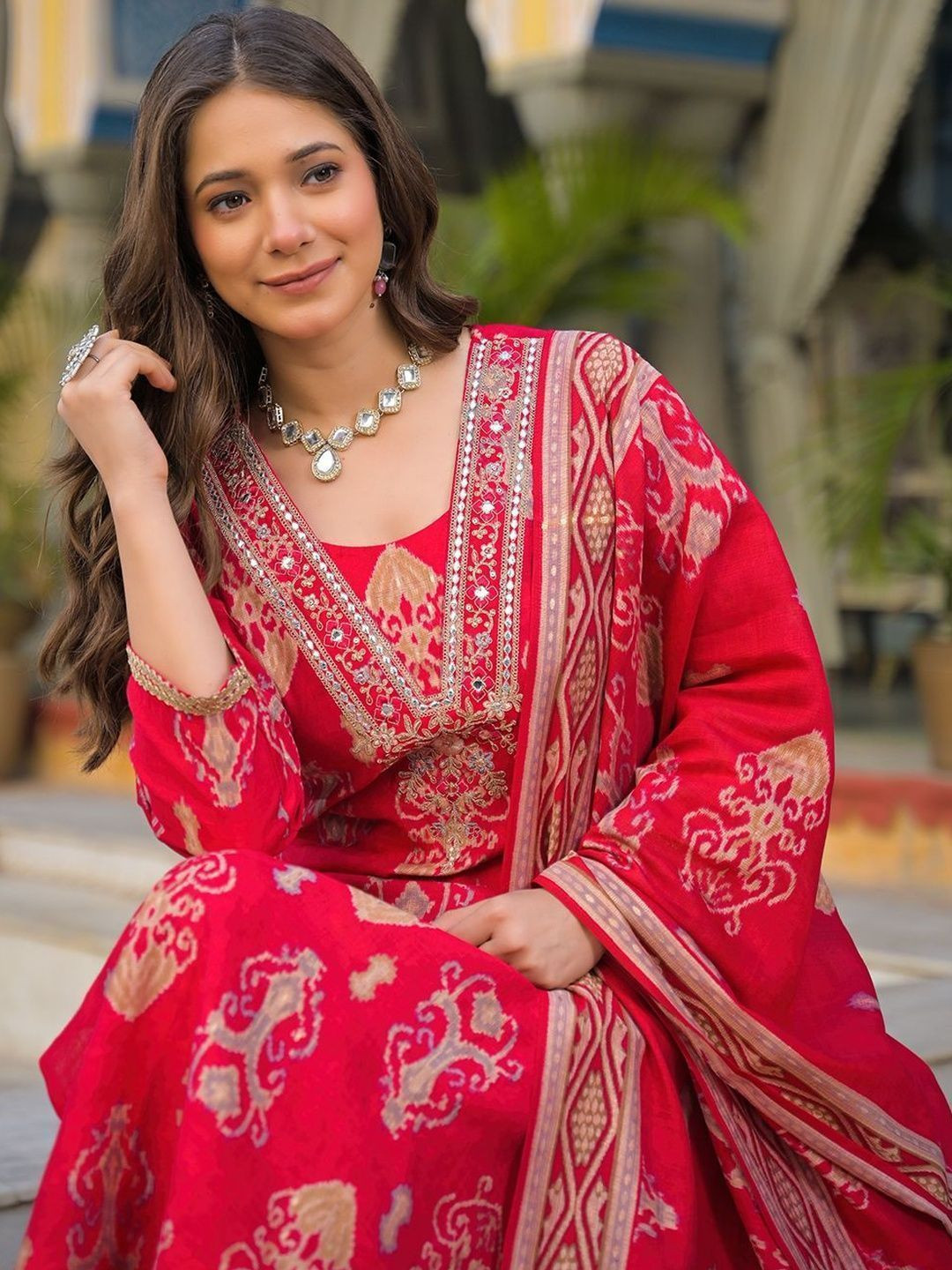 AHIKA Women Ethnic Motifs Printed Regular Mirror Work Kurta with Trousers & With Dupatta