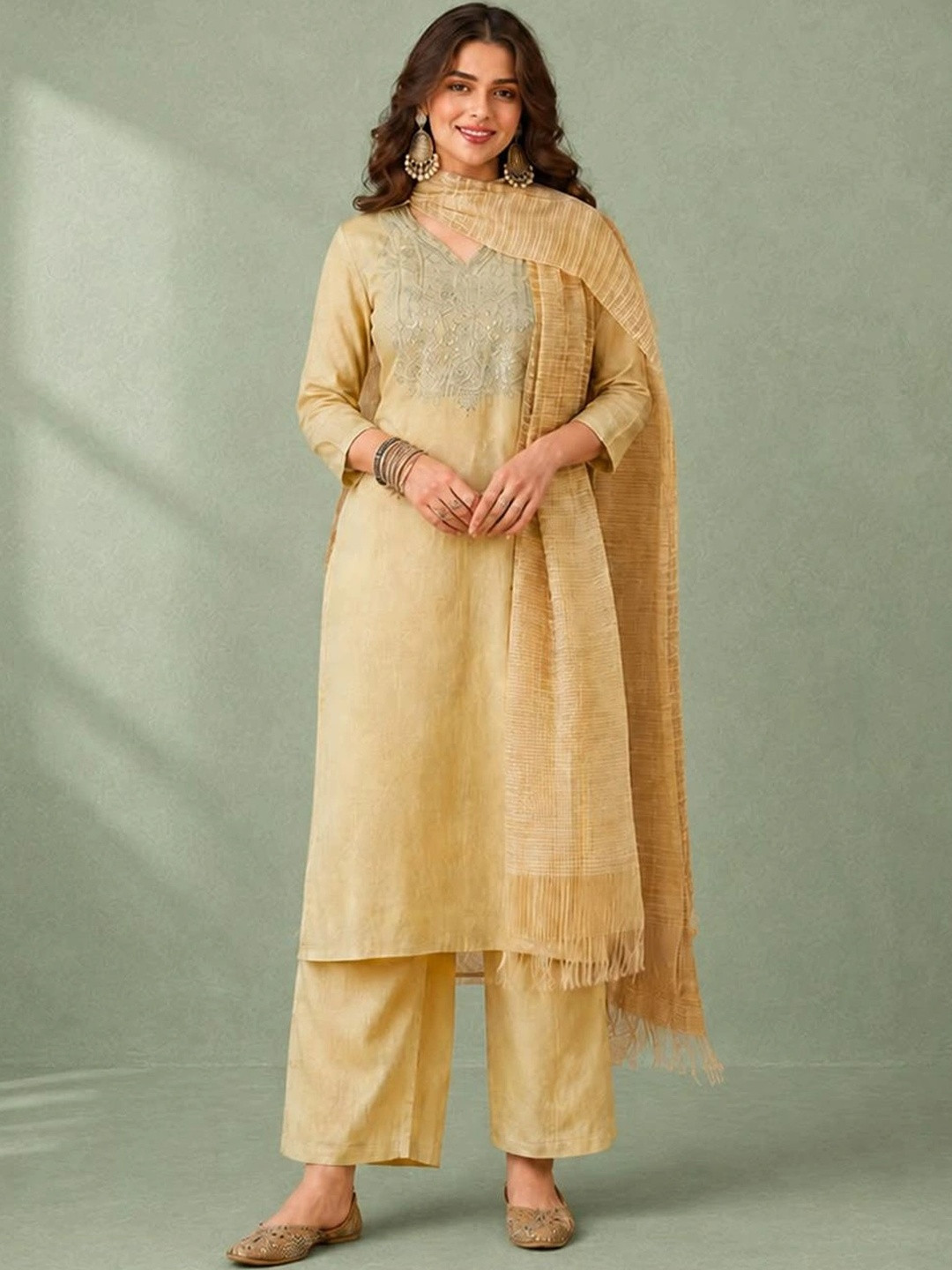 Varanga Floral Yoke Design Zari Details Straight Kurta With Trousers & Dupatta