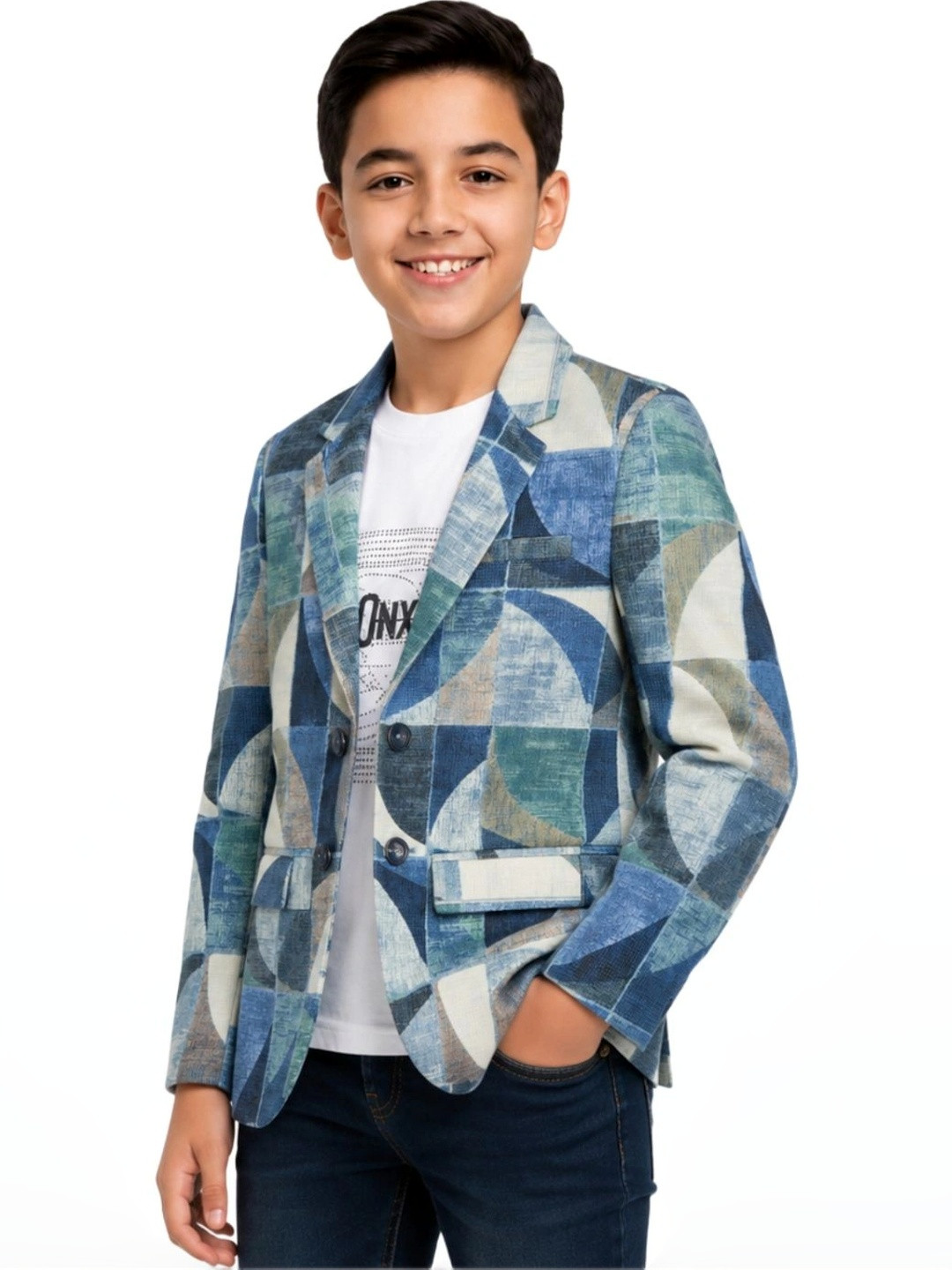 CAVIO Boys Printed Notched Lapel Single-Breasted Blazer With T-Shirt