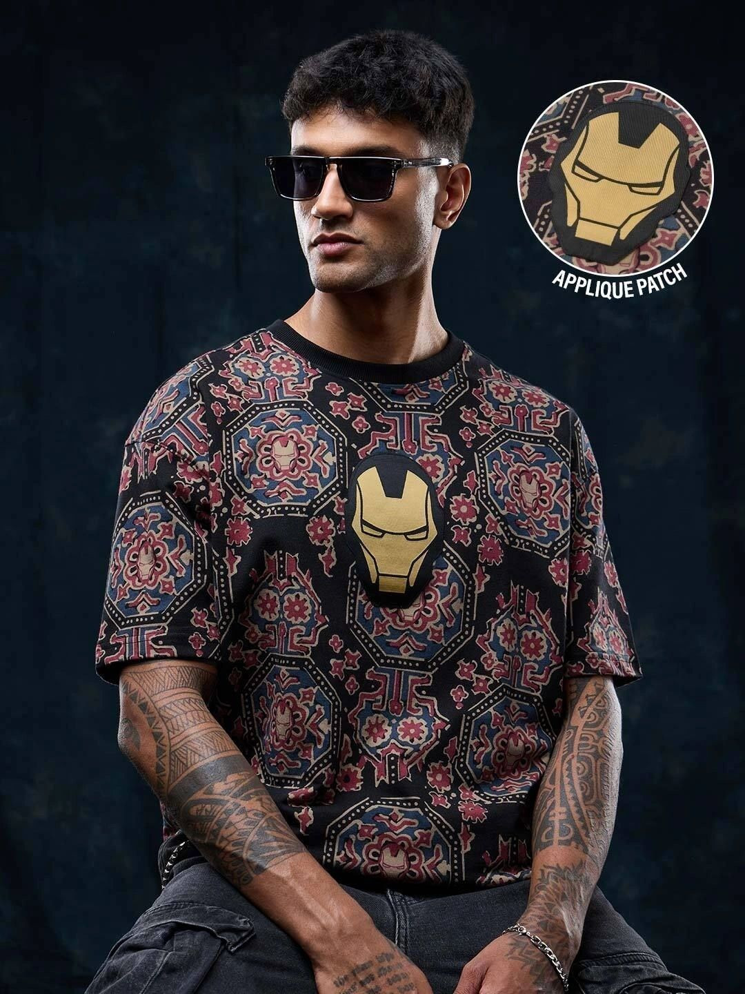 The Souled Store Men Iron Man Printed Drop-Shoulder Sleeves Applique T-shirt