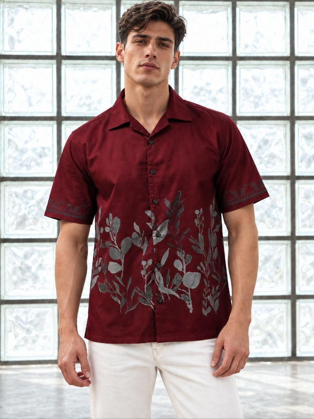 Eszett Men Floral Printed Cuban Collar Cotton Casual Shirt