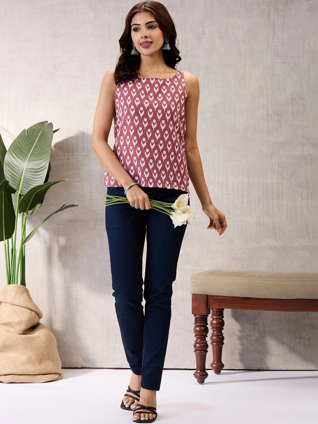 Saffron Threads Print Ethnic Cotton Styled Back Top