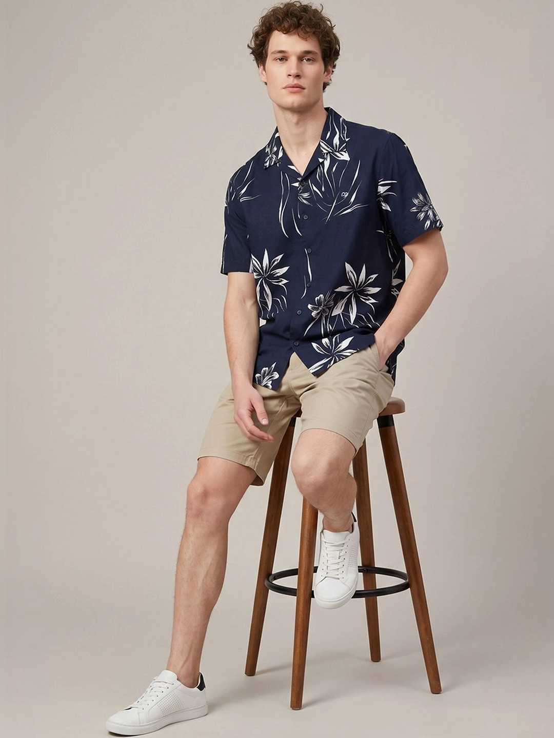 Peter England Casuals Floral Printed Cuban Collar Slim Fit Shirt