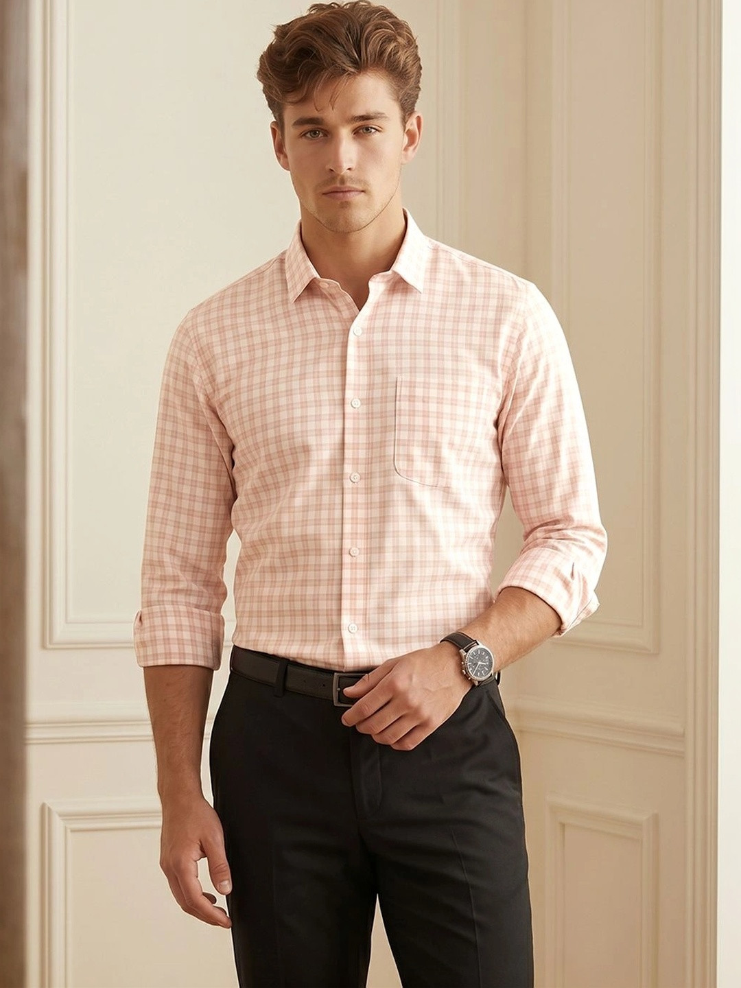 Peter England Men Peach-Coloured Slim Fit Checked Formal Shirt