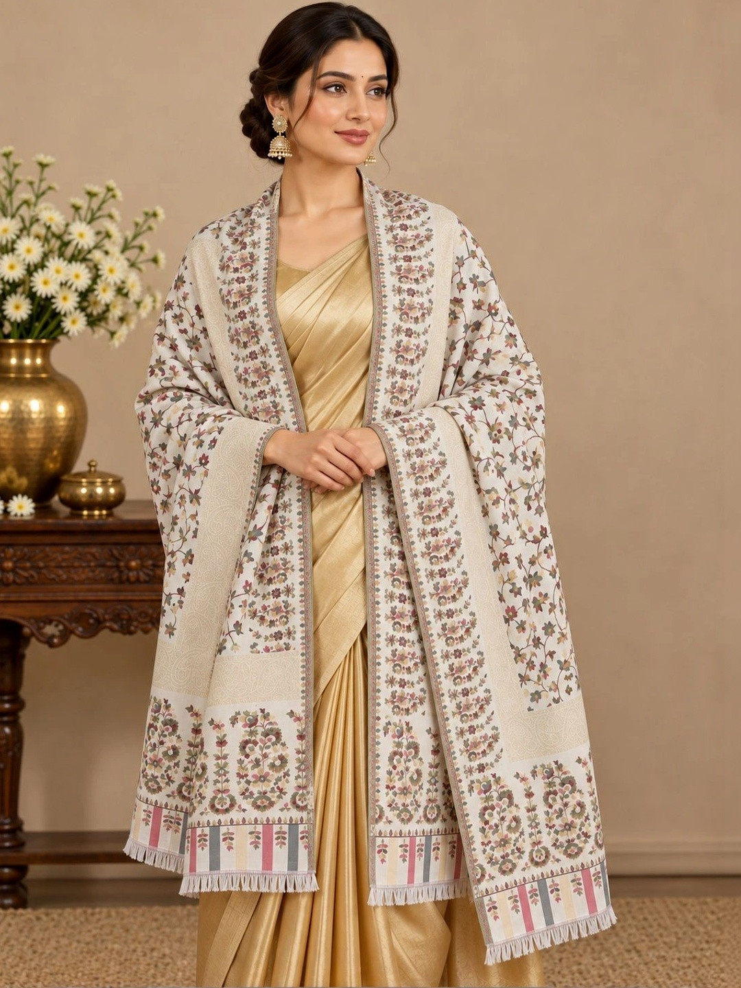 HK colours of fashion Women Off White & Grey Woven- Design Pashmina Shawl