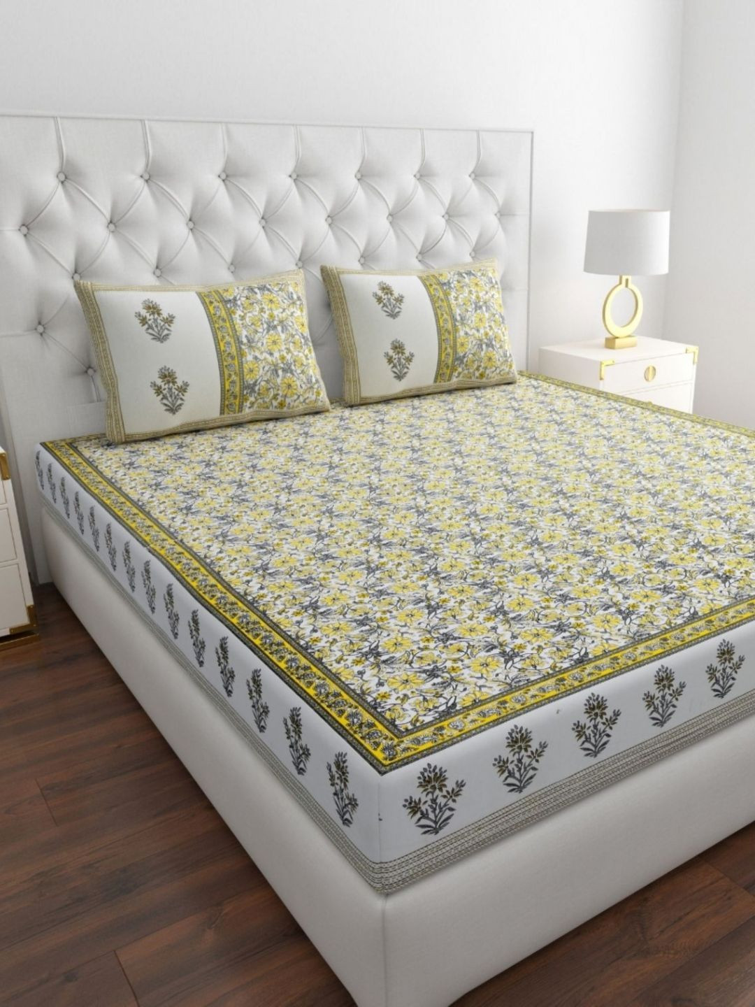 COZYKO Yellow Floral Cotton 210 TC King Fine Bedsheet with 2 Pillow Covers-108 x 108 inches