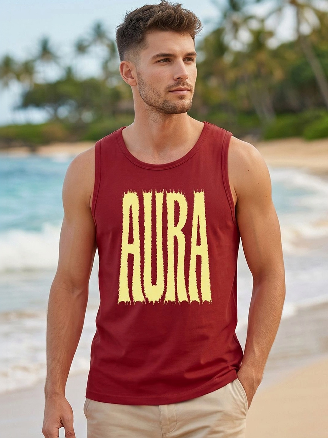 Bewakoof Men's Bold Red Aura Typography Vest