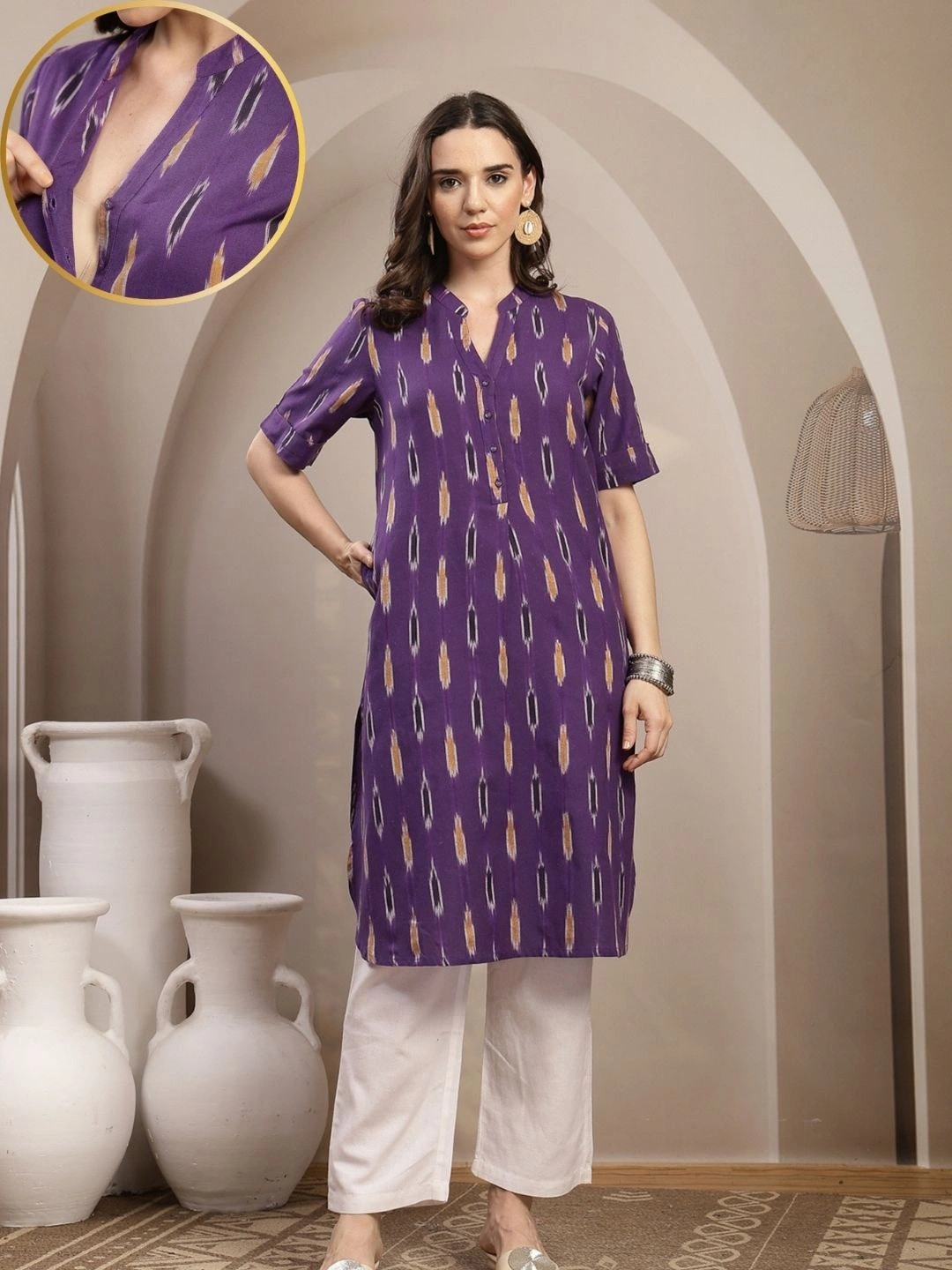 House Of Zelena Women Cotton Maternity Nursing Ikat Kurta