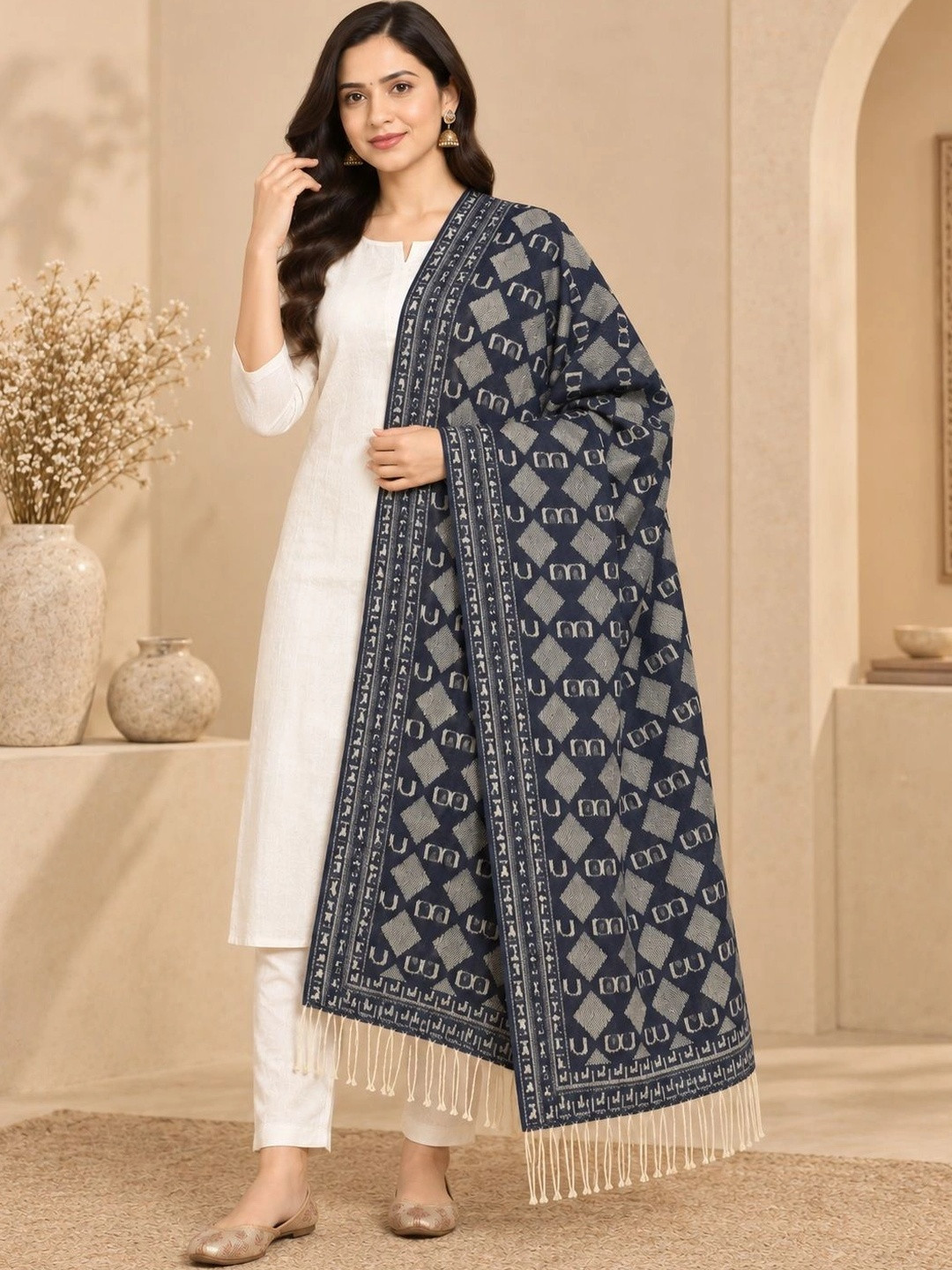HK colours of fashion Women Navy Blue & Grey Woven Design Pashmina Stole