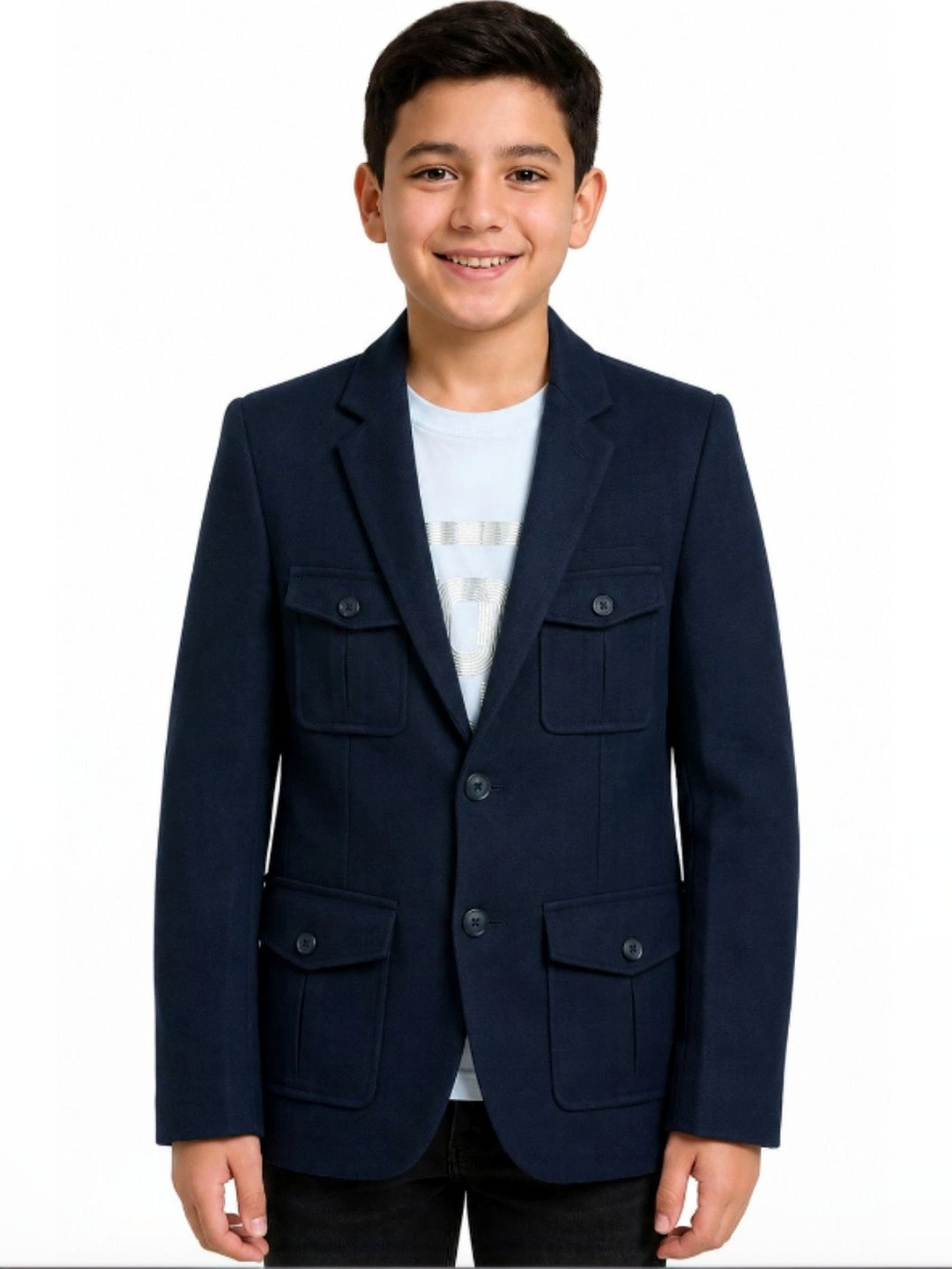 CHARCHIT Boys Navy Comfort-Fit Notched Lapel Single-Breasted Full Sleeve Blazer With T-Shirt