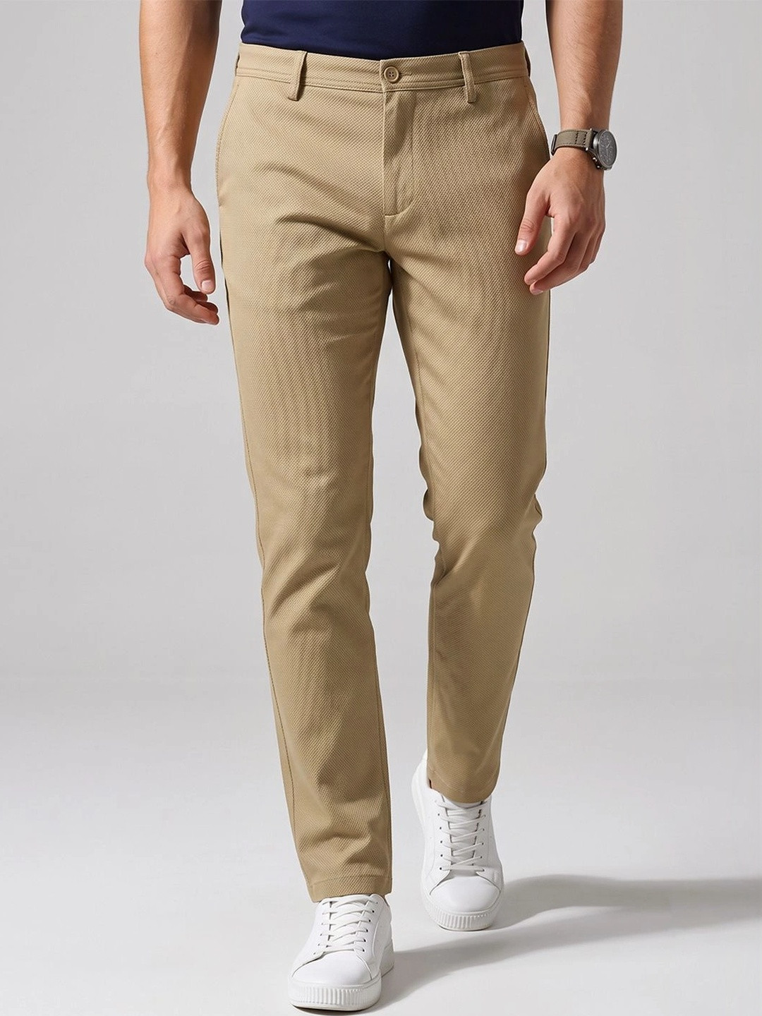 Peter England Casuals Men Slim Fit Mid-Rise Flat-Front Cotton Regular Trousers