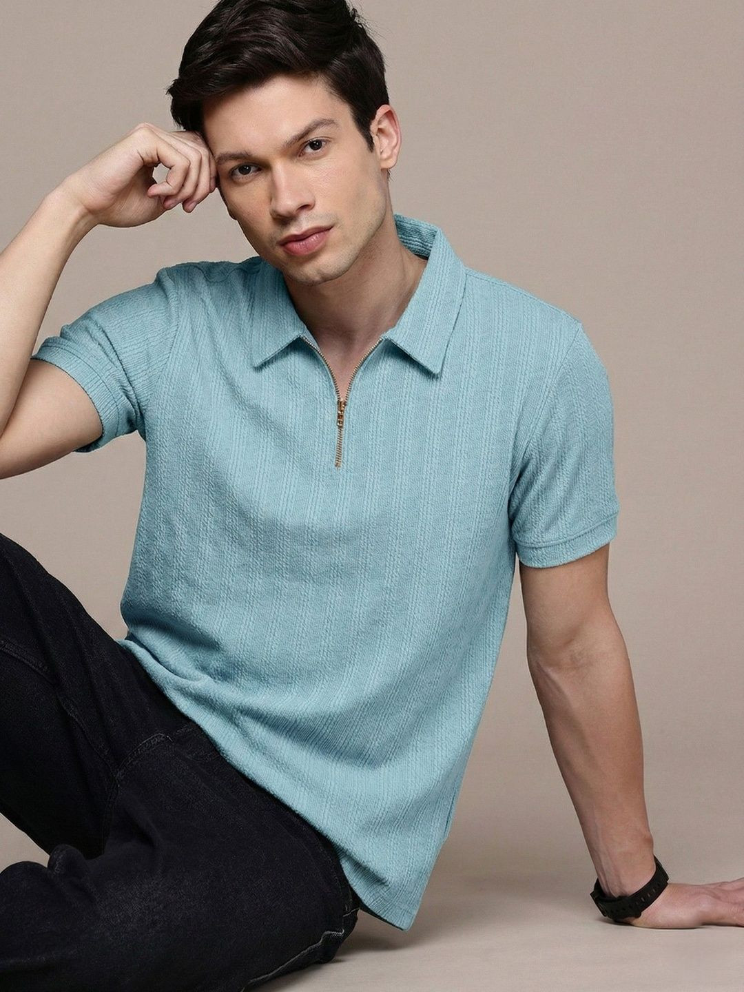 Turquoise Blue Polo Collar Regular Fit T-shirt