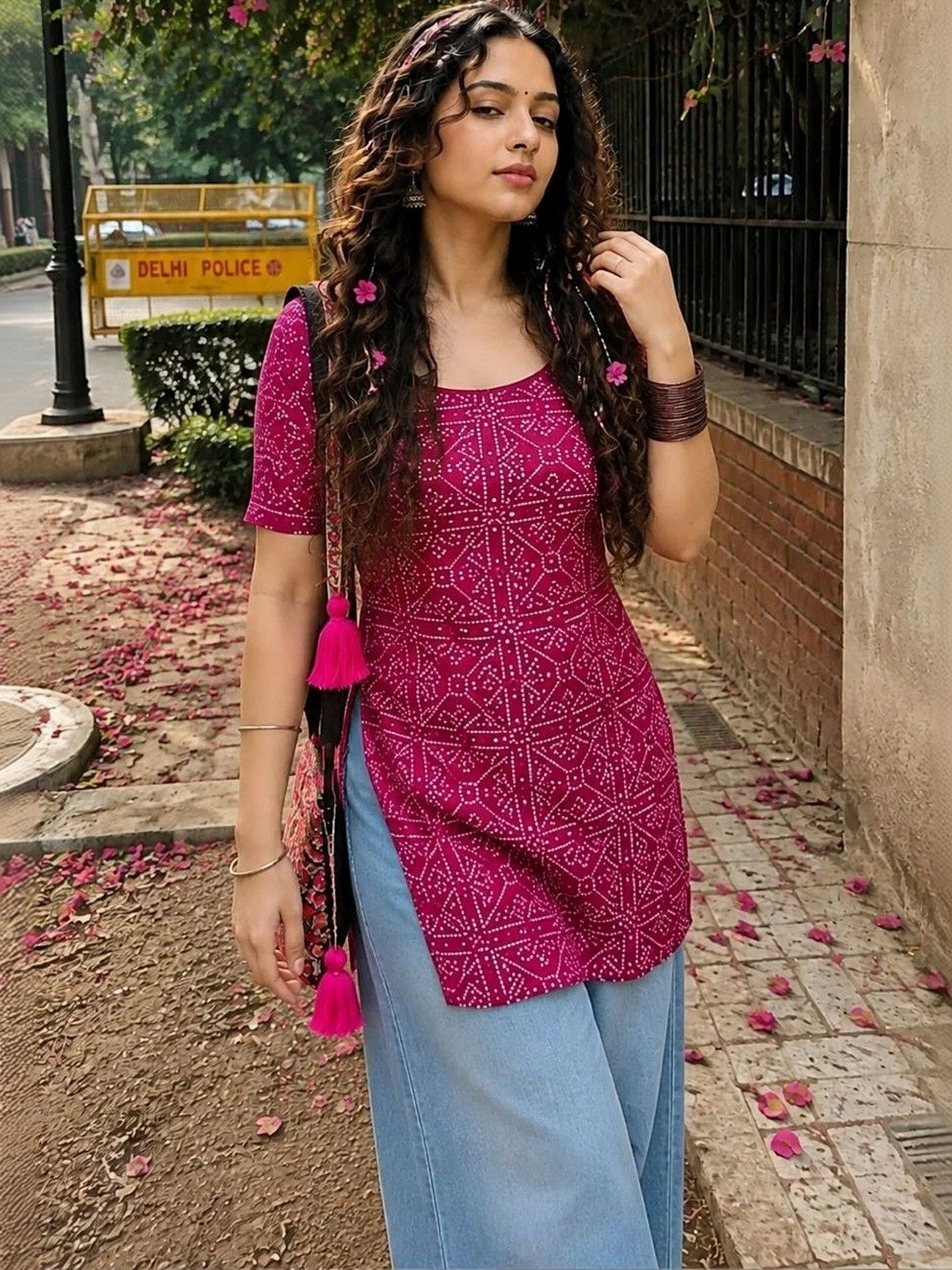 JEMCY Bandhani Printed Boat Neck Pure Cotton Blend Kurti