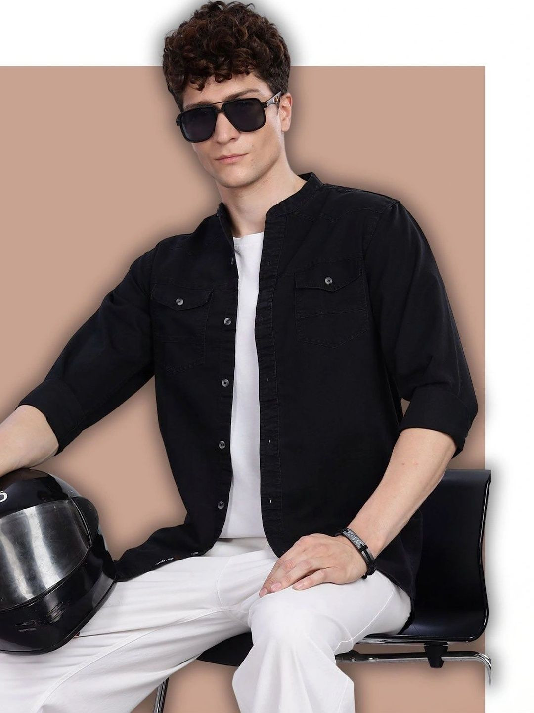 7TH LEGION Mens Casual Cotton Denim Smart Fit Mandarin Collar Full Sleeve Black Shirt