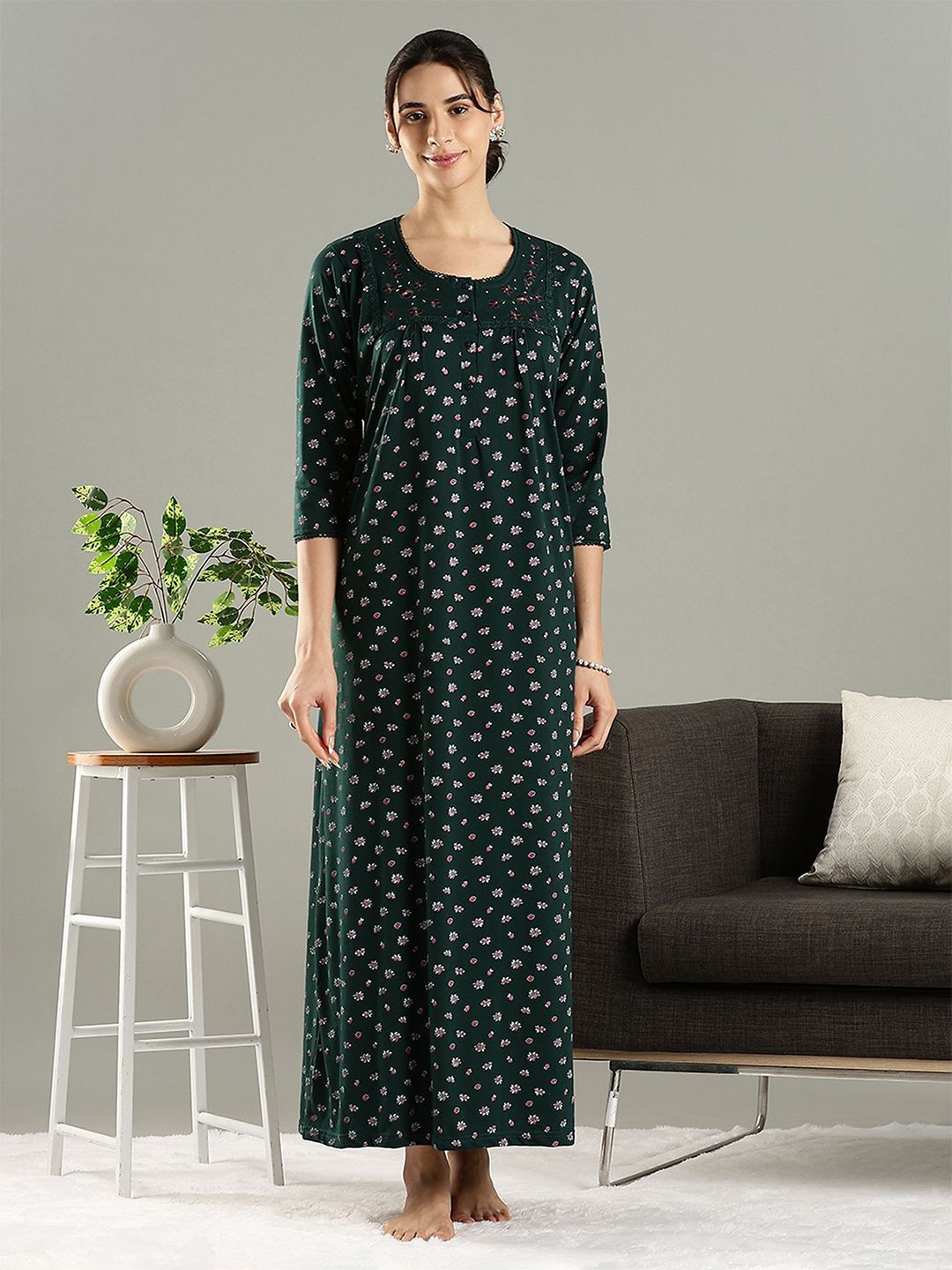 9shines Women's Floral Printed Cotton Blend Nightdress with 3/4 Sleeves