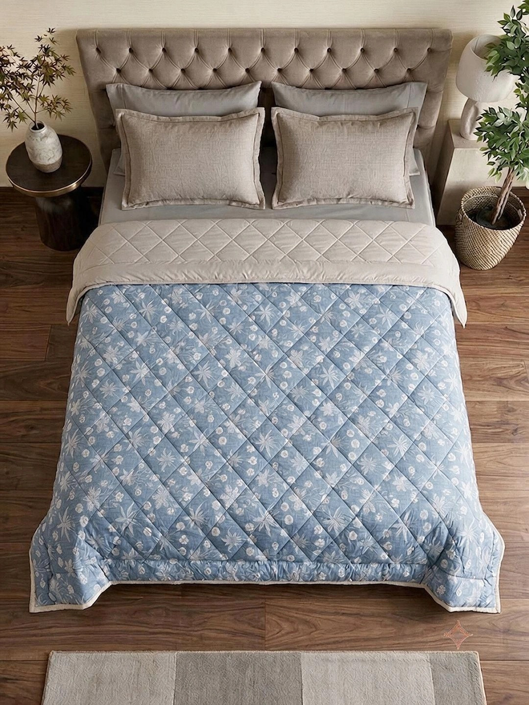 Linen Home Nora Floral Blue & Silver Reversible AC Blanket Double Size