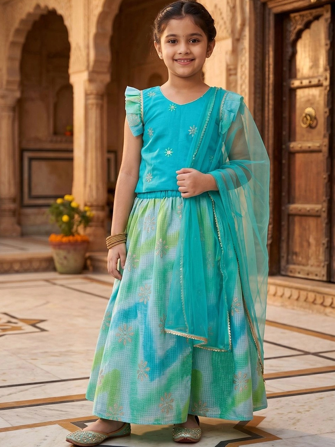 Here&Now X Kinder Kids Girls Embroidered Ready to Wear Lehenga & Blouse With Dupatta