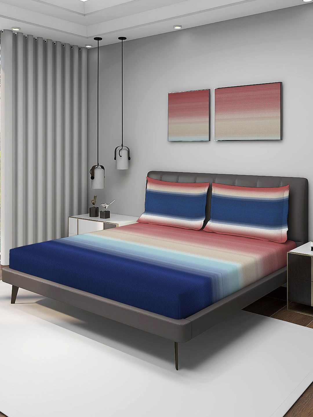Layers Blue & Pink Striped 220 TC King Bedsheet with 2 Pillow Covers 2.74 m x 2.74 m