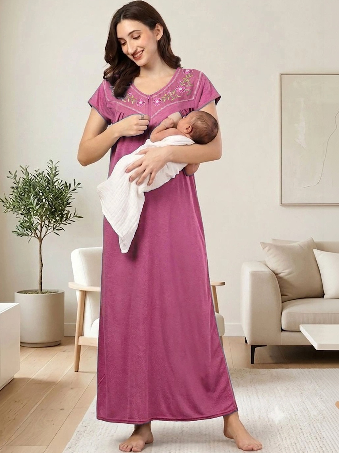 FABINALIV Embroidered Maxi Nightdress