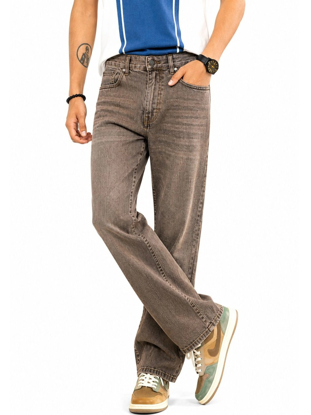 Denimora Men Straight Fit Mid-Rise Low Distress Stretchable Jeans