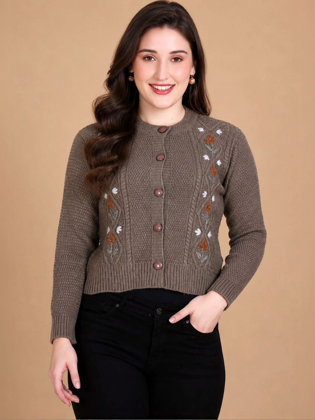 Moda Rapido Women Cable Knit Woollen Crop Cardigan with Embroidered Detail