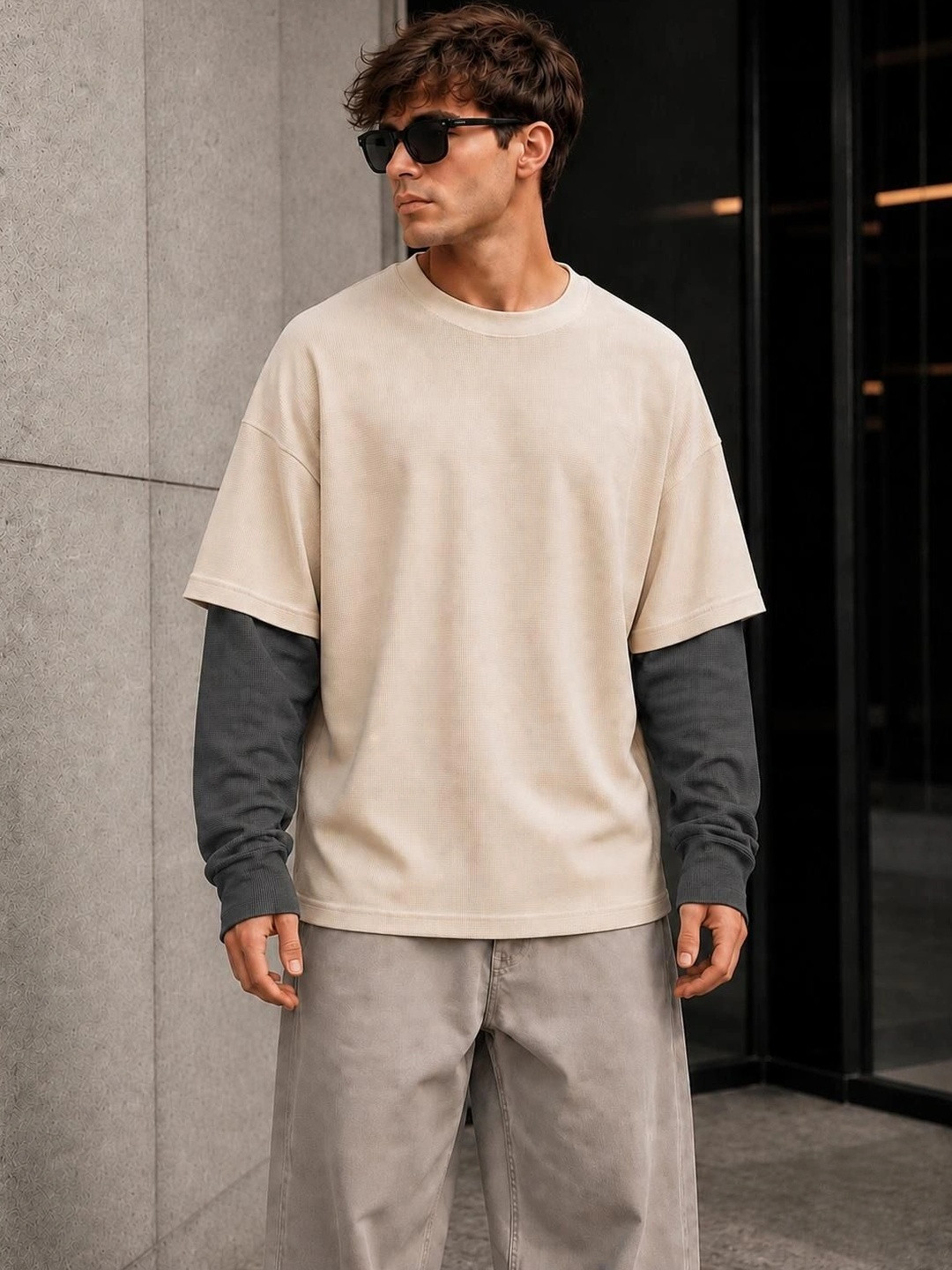 Beige Boxy T-shirt with Drop-Shoulder Sleeves