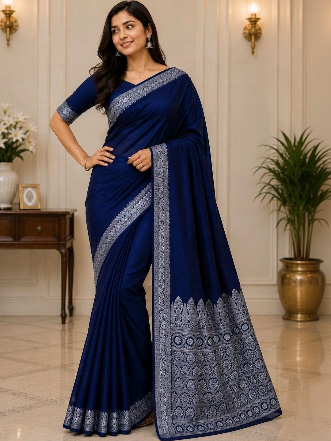 Prisan Women NavyBlue Woven Banarasi Soft Silk Saree with Unstitched Blouse