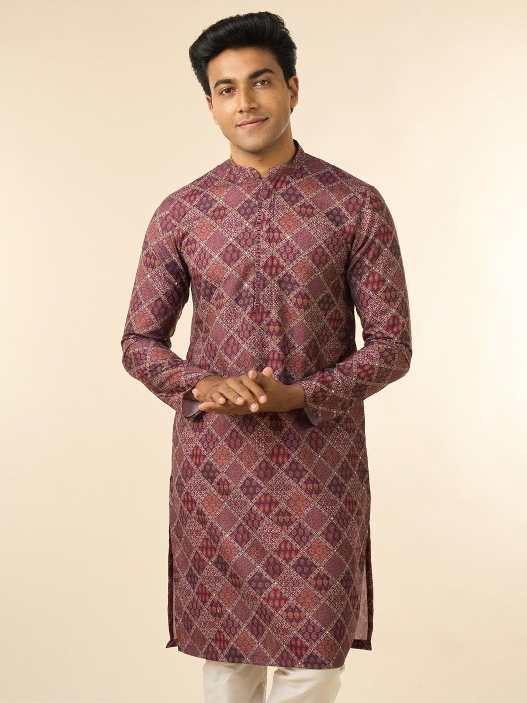 Diwas by Manyavar Geometric Printed Cotton Mandarin Collar Straight Kurta