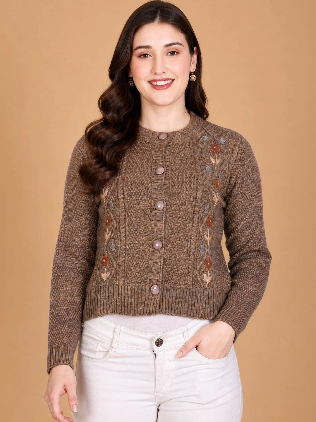 Moda Rapido Women Embroidered Woollen Crop Cardigan with Embroidered Detail