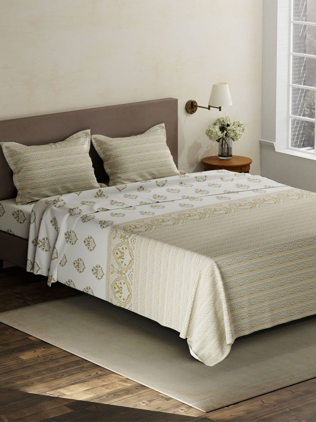 Layers Cream-Coloured & Gold-Toned Ethnic Motifs 120 TC King Bedsheet with 2 Pillow Covers
