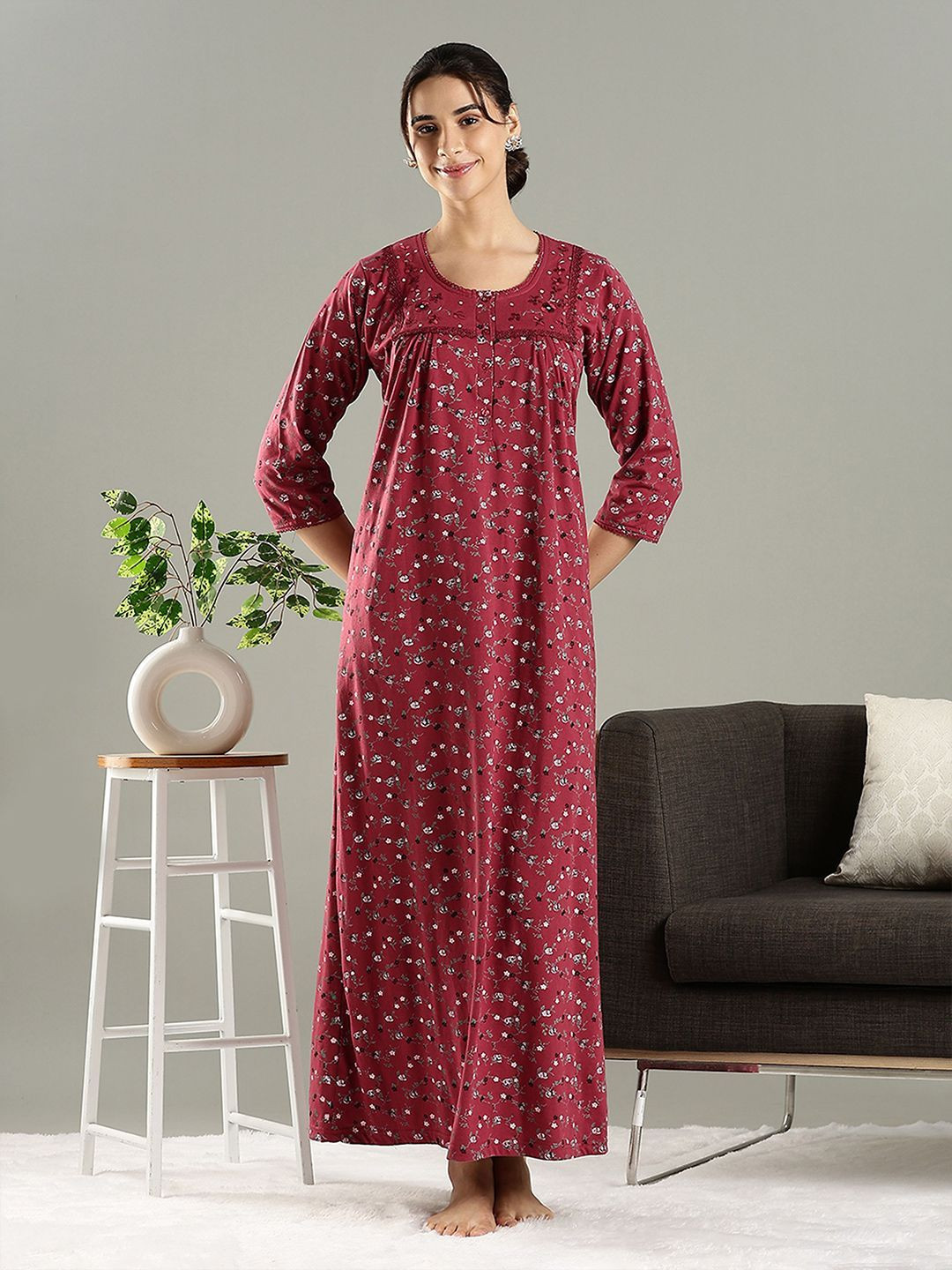 9shines Women's Floral Printed Cotton Blend Nightdress with 3/4 Sleeves