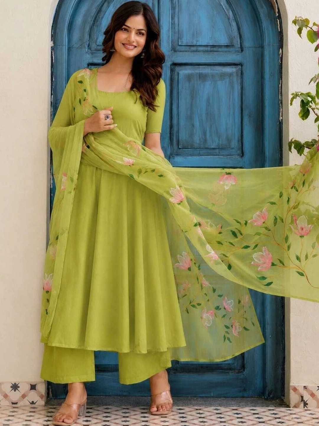 Colorvibes Women Floral Empire Pure Cotton Kurta with Palazzos & Dupatta