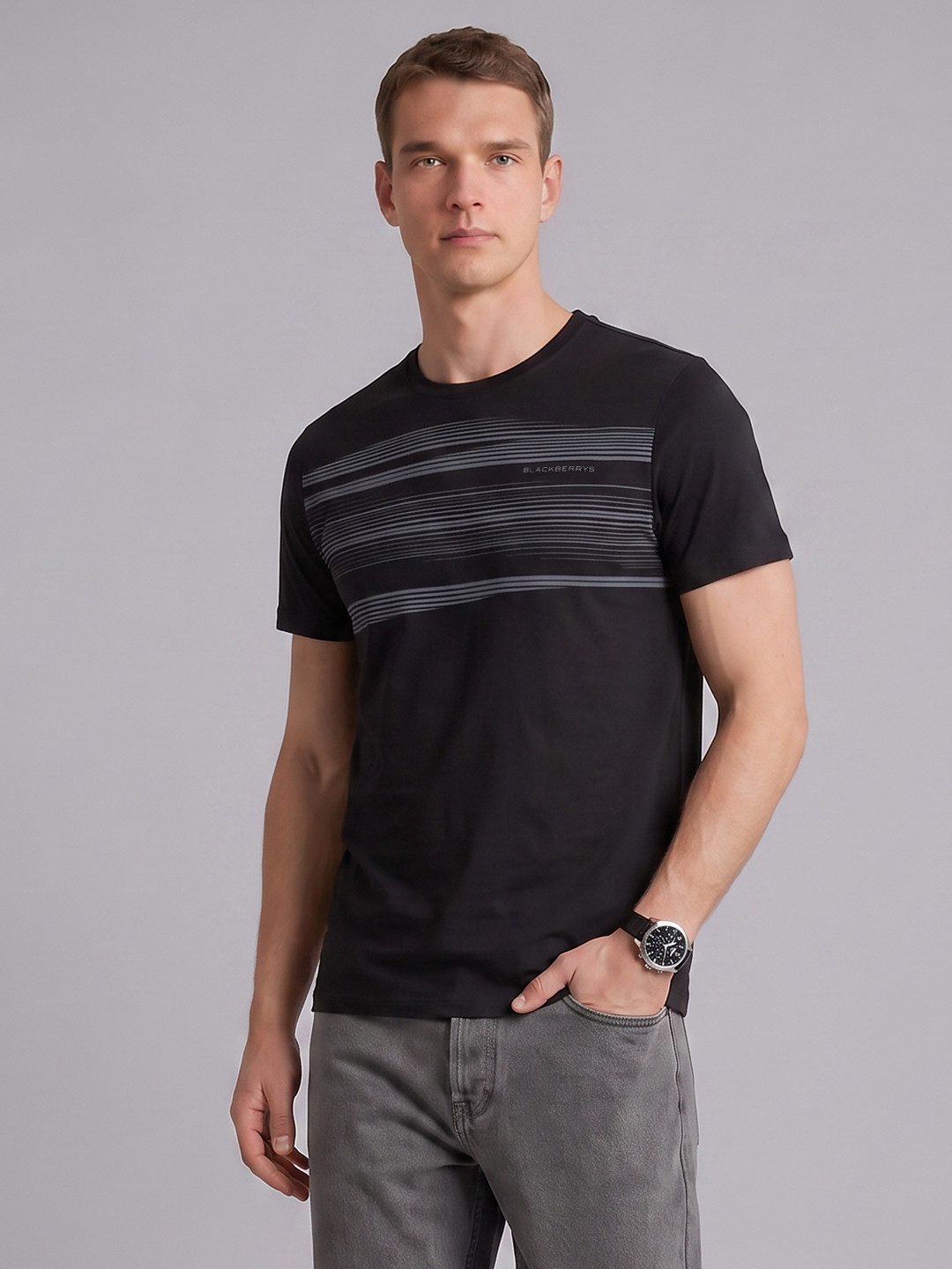 Blackberrys Slim Fit Striped Printed Pure Cotton T-shirt