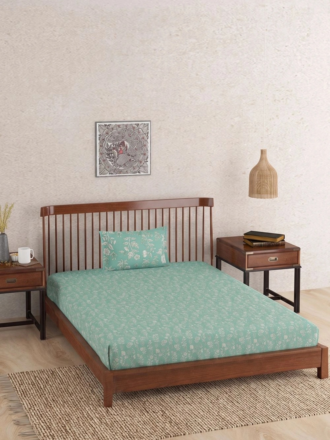 Fabindia Blue & White Printed Cotton 1 King Bed Sheet With 1 Pillow Covers