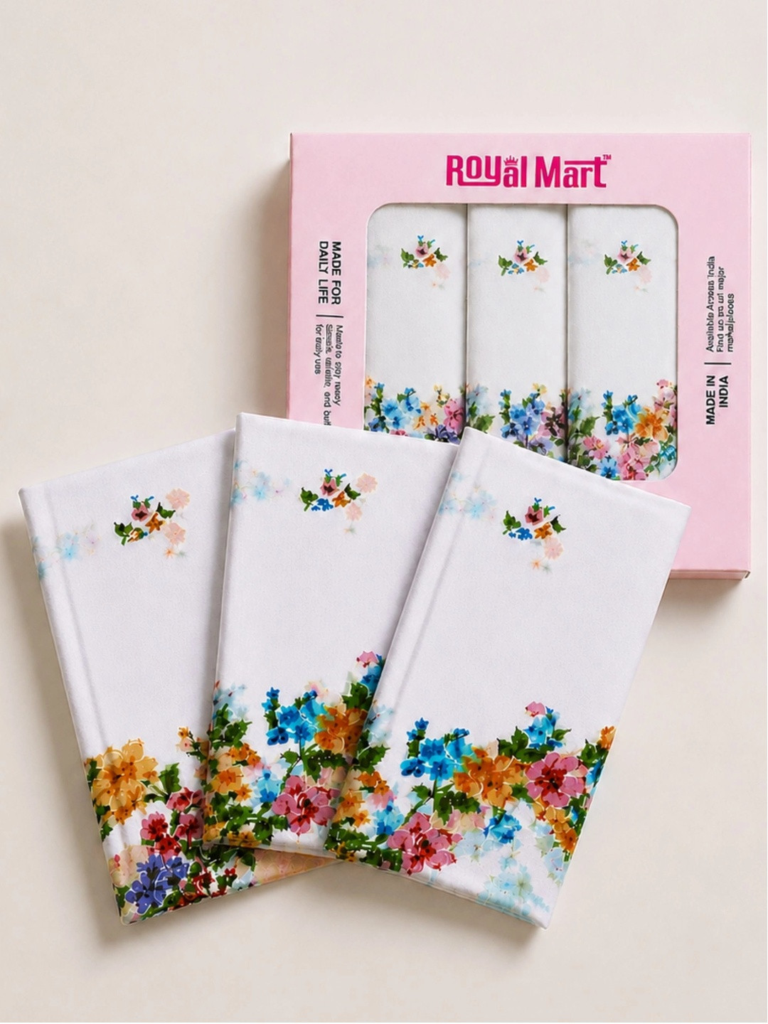 Royal Mart 3-Pcs White & Yellow Printed Pure Cotton Handkerchief