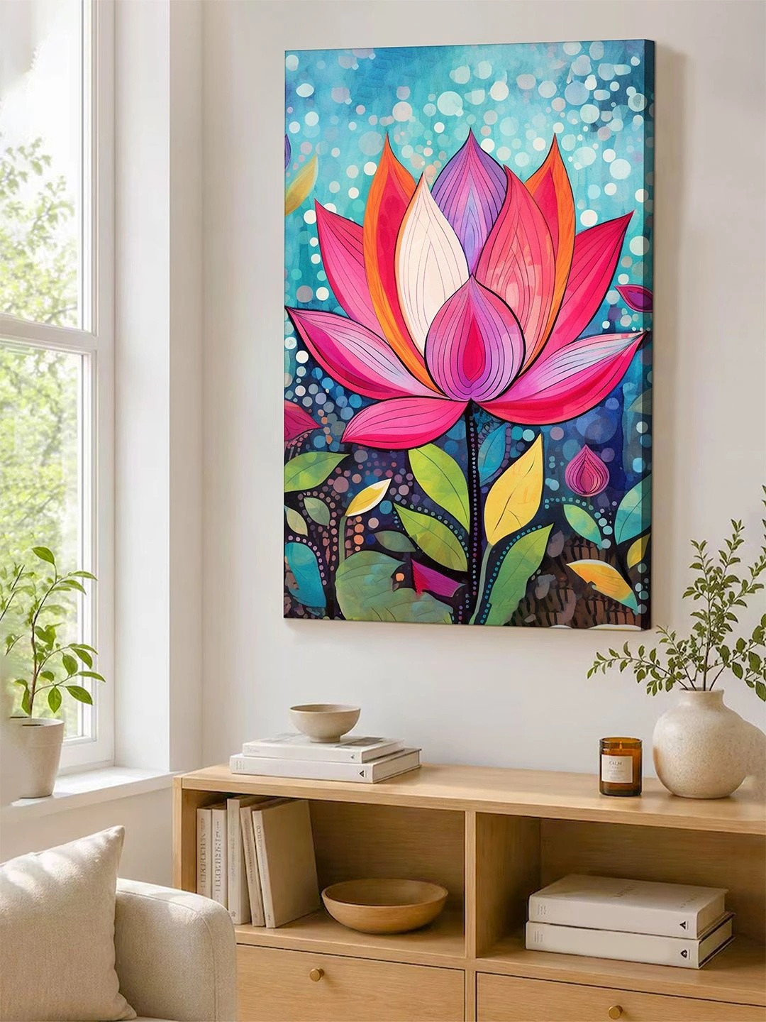 Art Street Pink Blue Lotus Floral Vastu Stretched Canvas Wall Art Painting 22x34 In