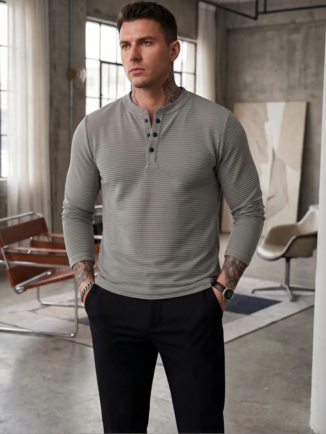 RUFICA Men Henley Neck T-shirt