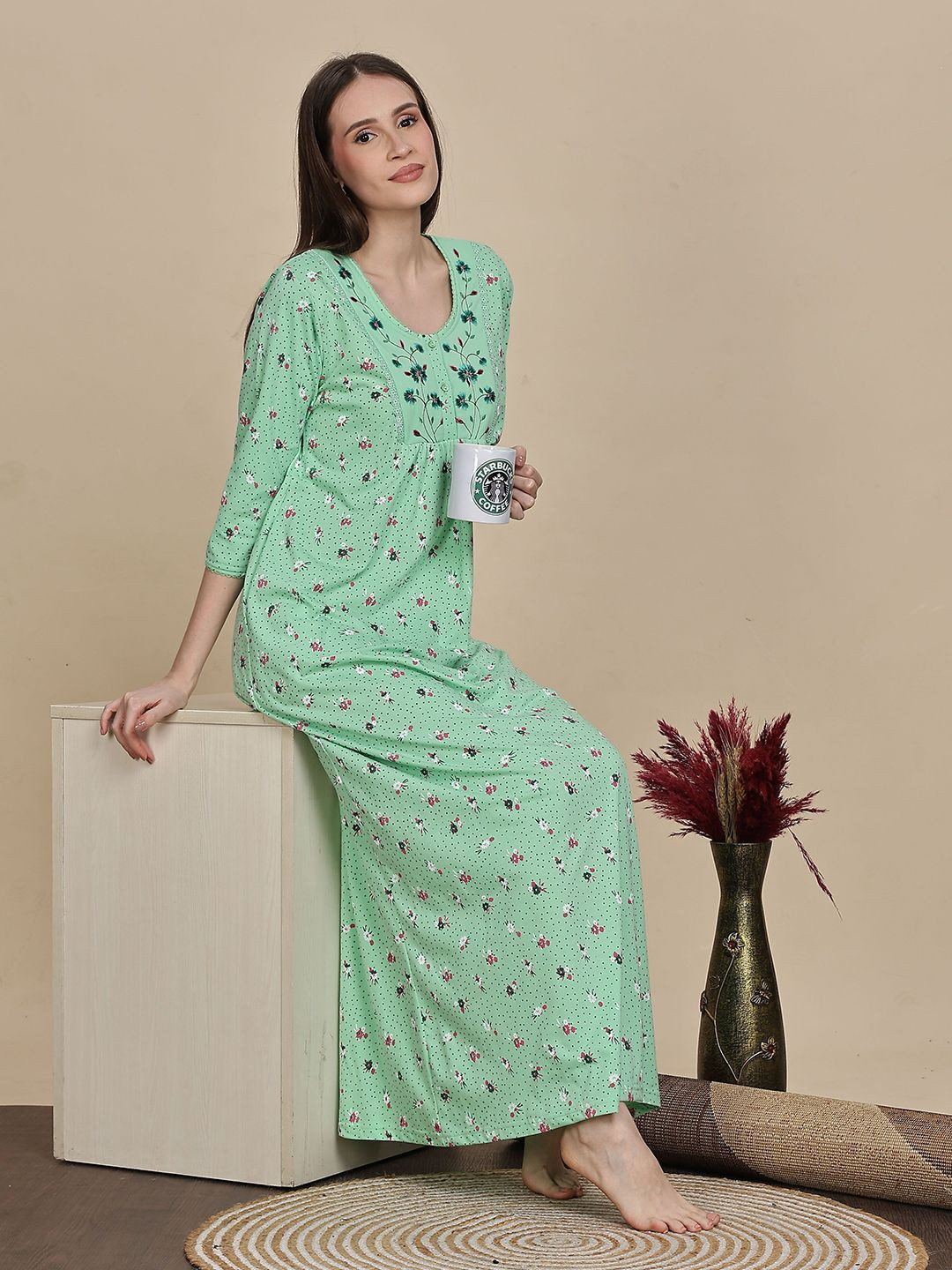 9shines Women's Floral Printed Cotton Blend Nightdress with 3/4 Sleeves