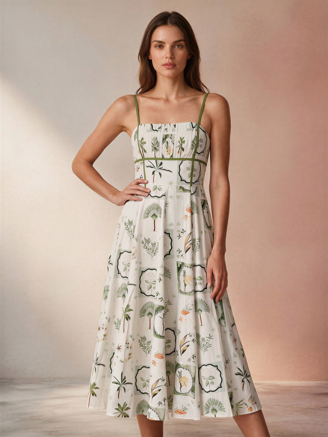 ATELIER REBEL Tropical Print A-Line Midi Dress