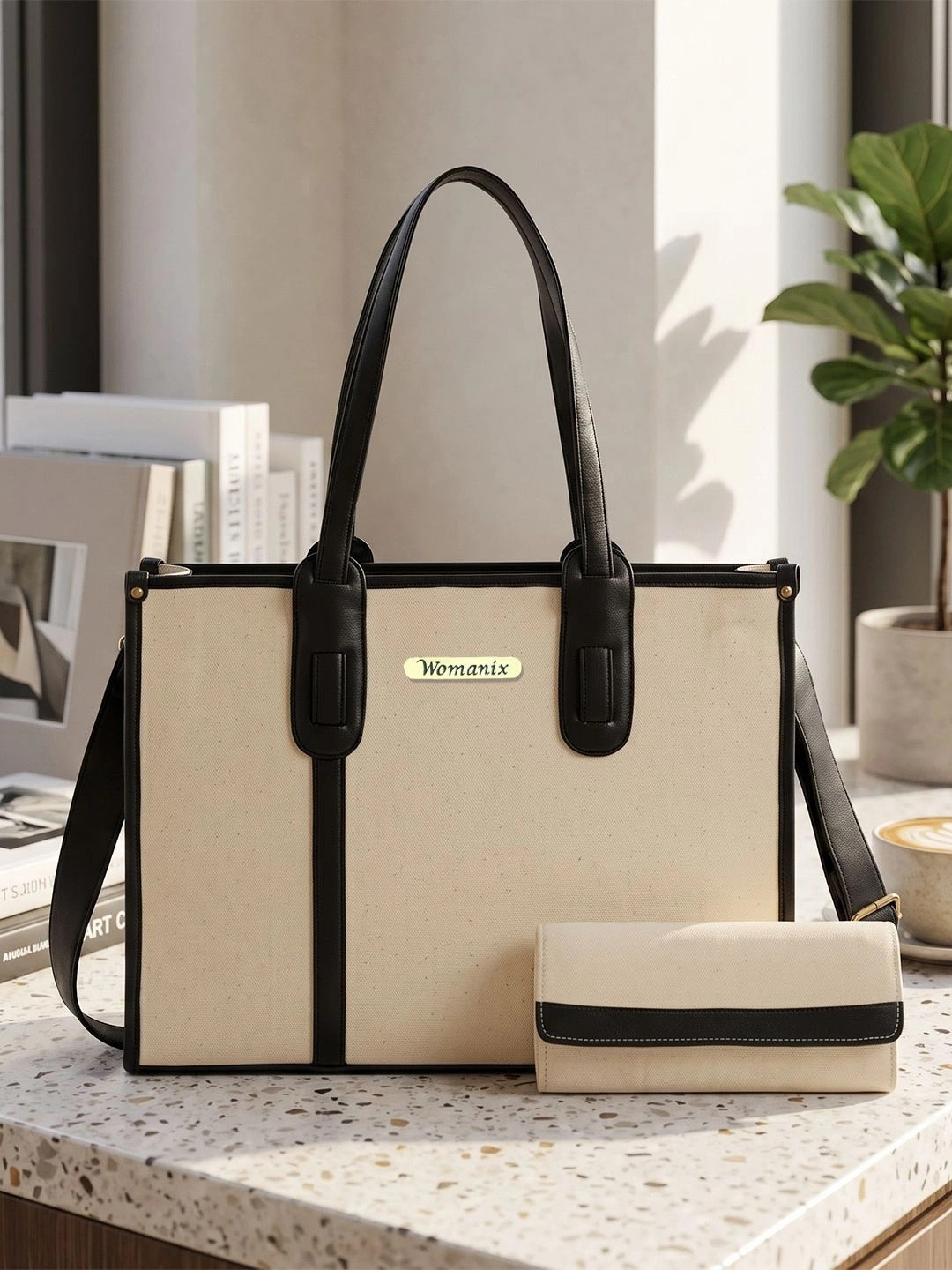 Womanix Solid Canvas Laptop Compartment Oversized Shopper Tote Bag With Pouch