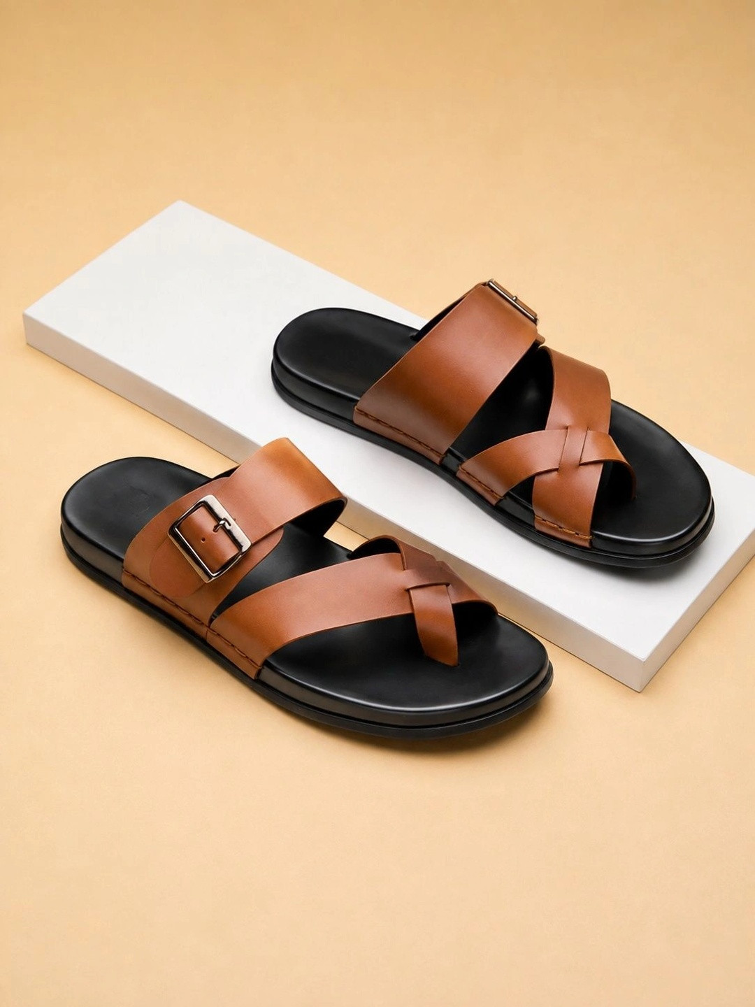 MICHAEL ANGELO Tan Striped Thong Flip-Flops