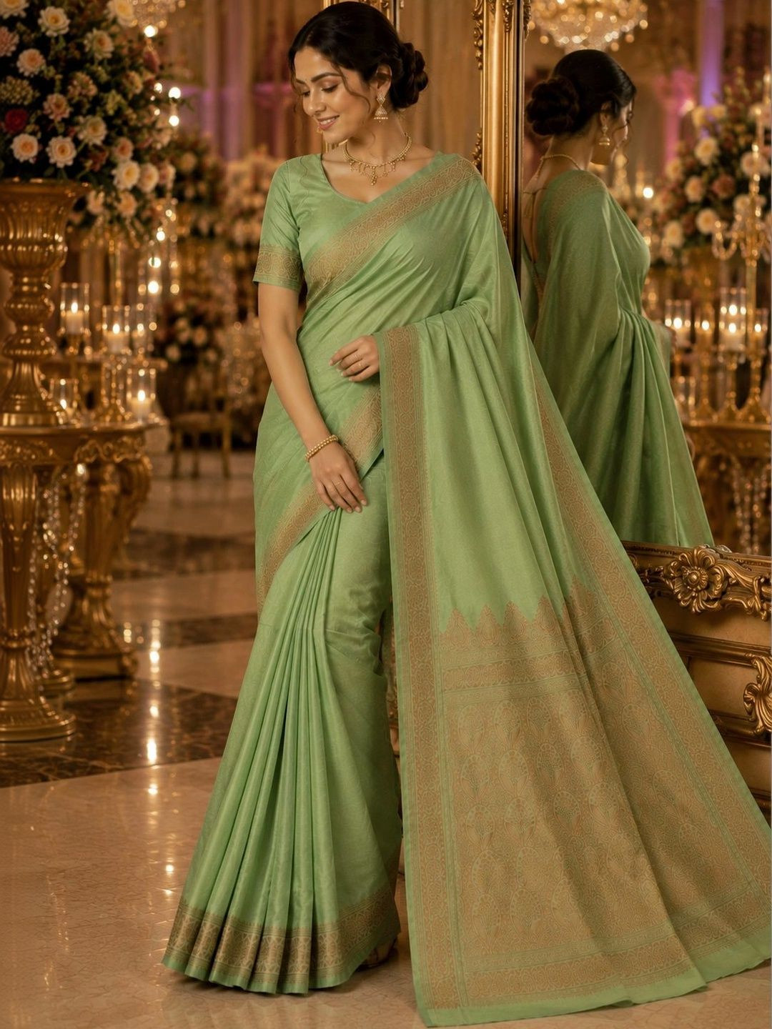 Prisan Women Pista Woven Banarasi Soft Silk Saree with Unstitched Blouse