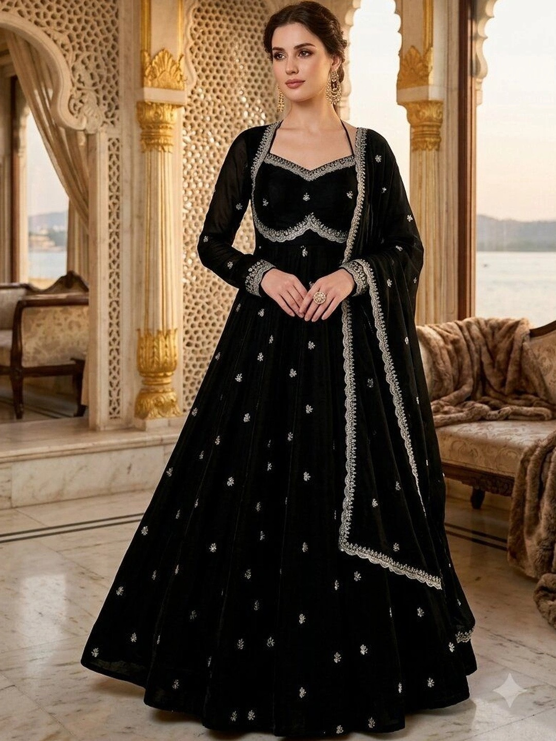 PRIMORDIAL Embroidered Georgette A-Line Maxi Dress