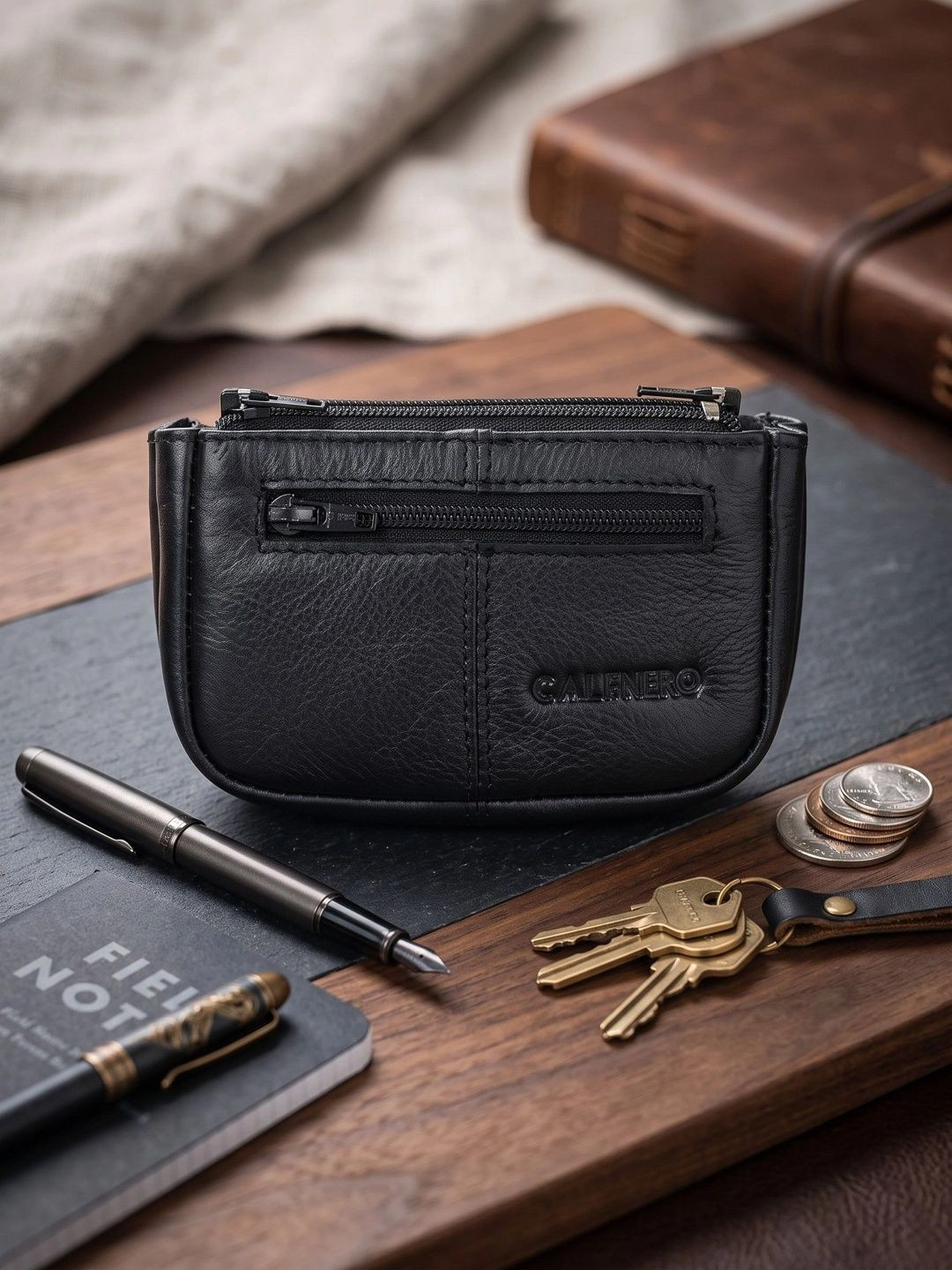 CALFNERO Unisex Black Solid Genuine Leather Coin Wallet