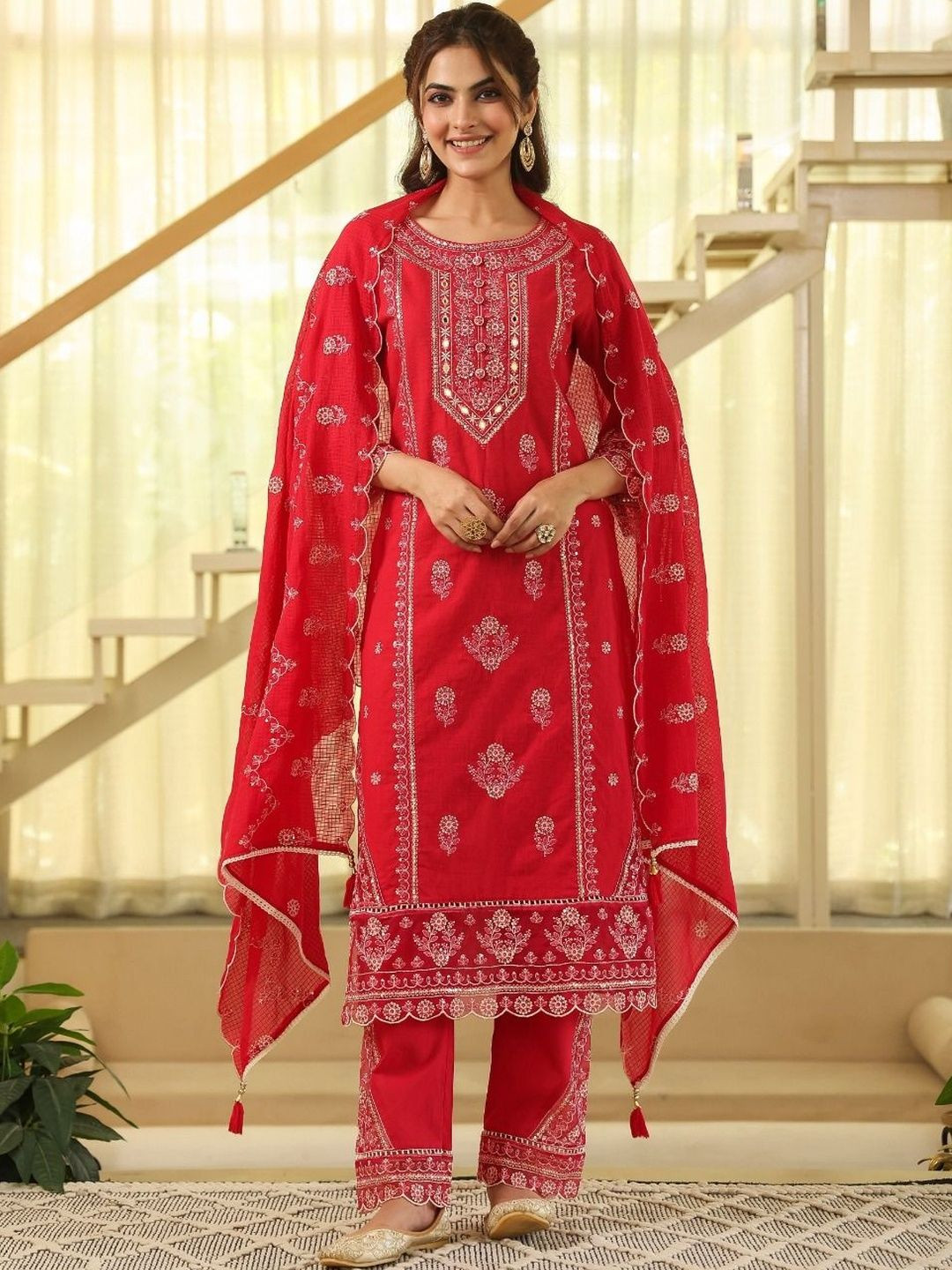 AMRAANA Women Ethnic Motifs Embroidered Regular Mirror Work Pure Cotton Kurta with Trousers & With Dupatta