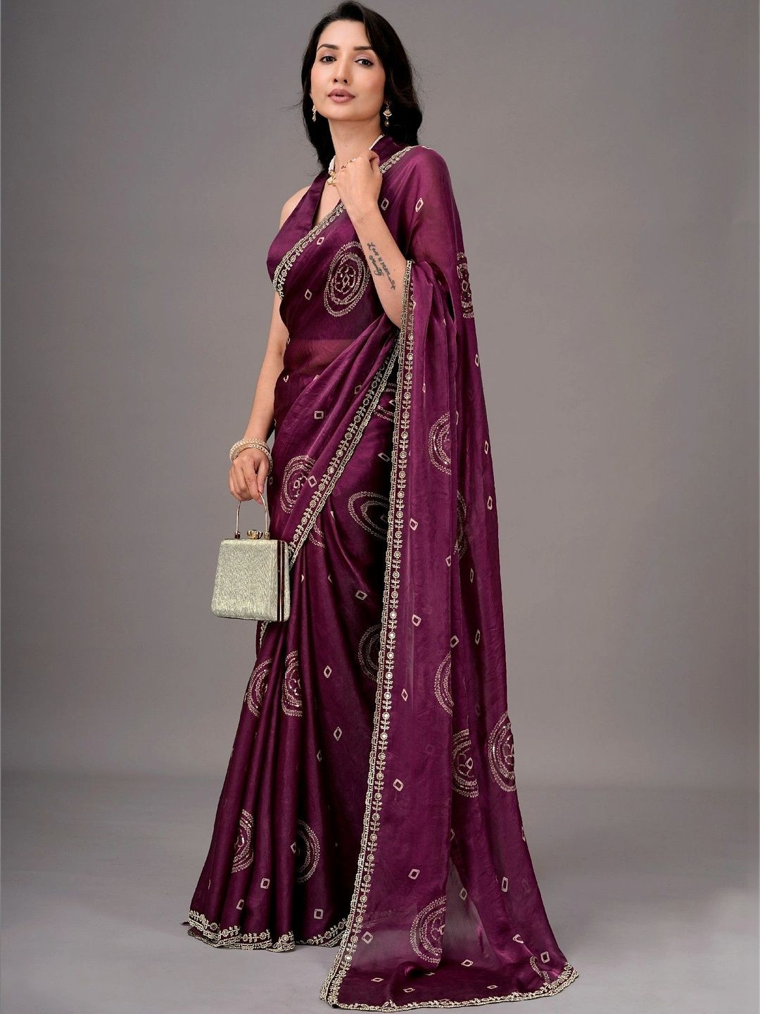 LDF studio Bandhani Beads and Stones Satin Saree