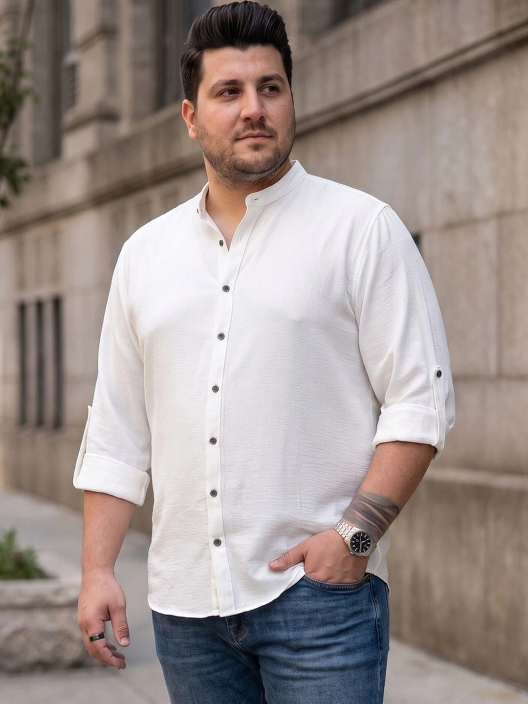 Urbano Plus Men Plus Size Relaxed Fit Solid Mandarin Collar Casual Shirt