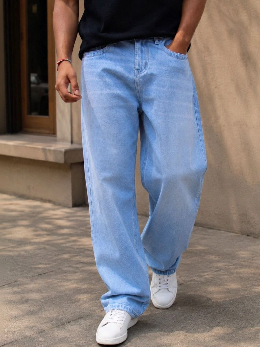 FICTION Men Ice Blue Baggy Mid-Rise Light Fade Jeans